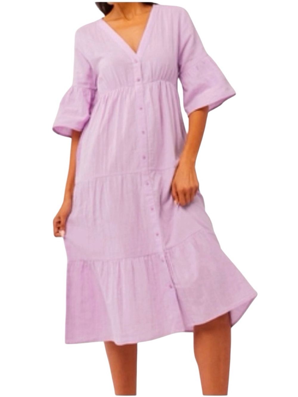 Pact Midi Dress Sz M Tiered Button-Front Flowy Organic Cotton Cottagecore Boho - Picture 2 of 14